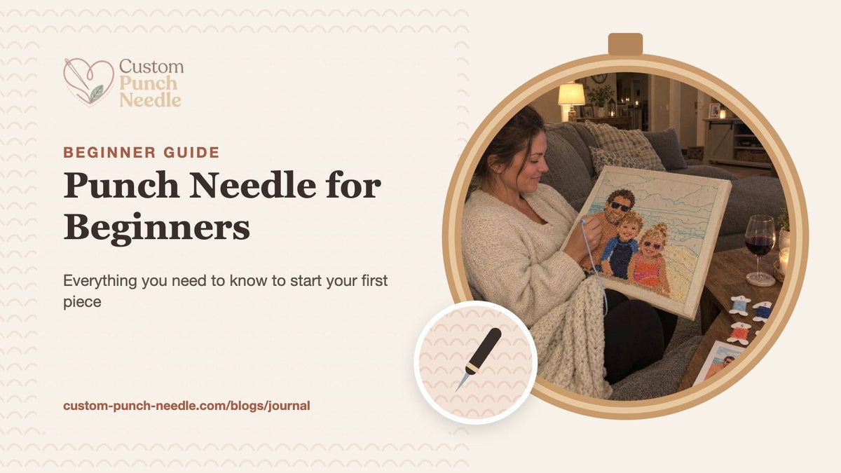Punch needle for beginners: woman stitching a custom punch needle portrait on the couch