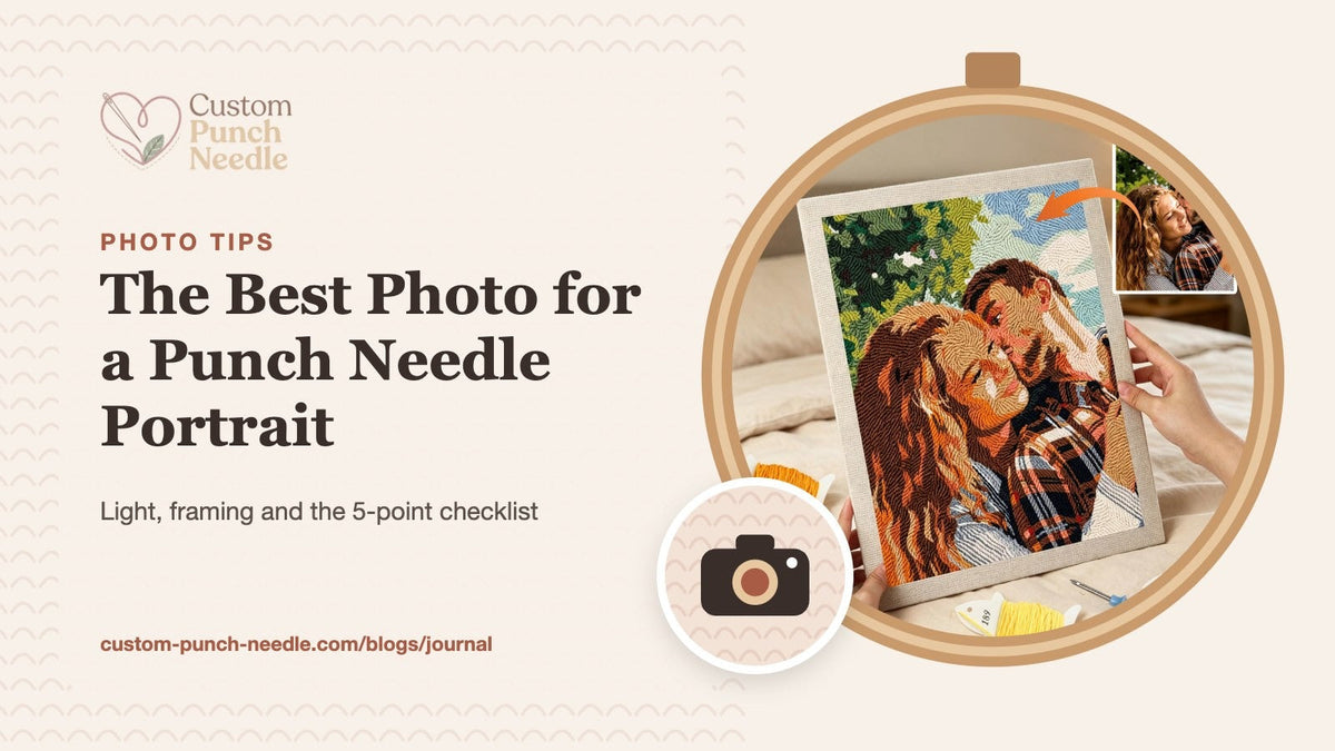 How to choose the best photo for a punch needle portrait: couple portrait in an embroidery hoop with a camera illustration