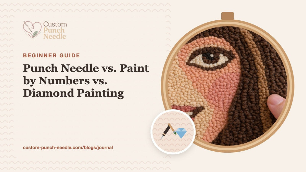 Punch needle vs. paint by numbers vs. diamond painting: close-up of soft yarn loops