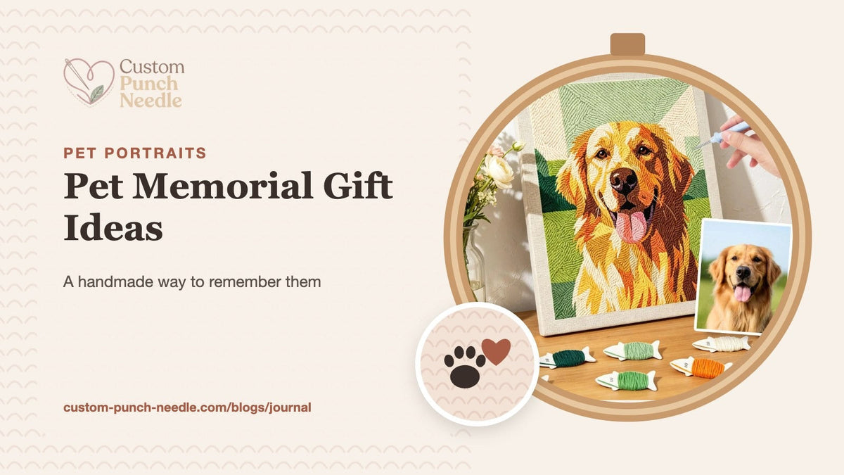 Pet memorial gift ideas: punch needle portrait of a golden retriever next to the original photo