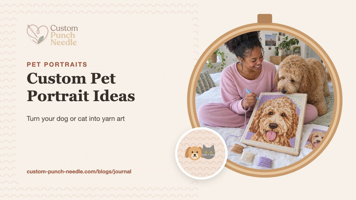 Custom pet portrait ideas: woman with her dog holding a punch needle portrait of him