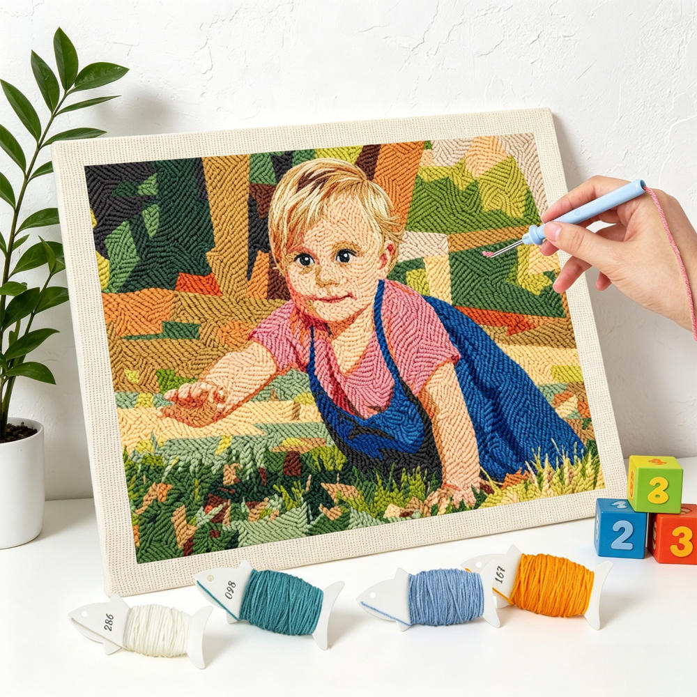 Framed needlepoint of a child in a garden with yarn and tools on a white surface.