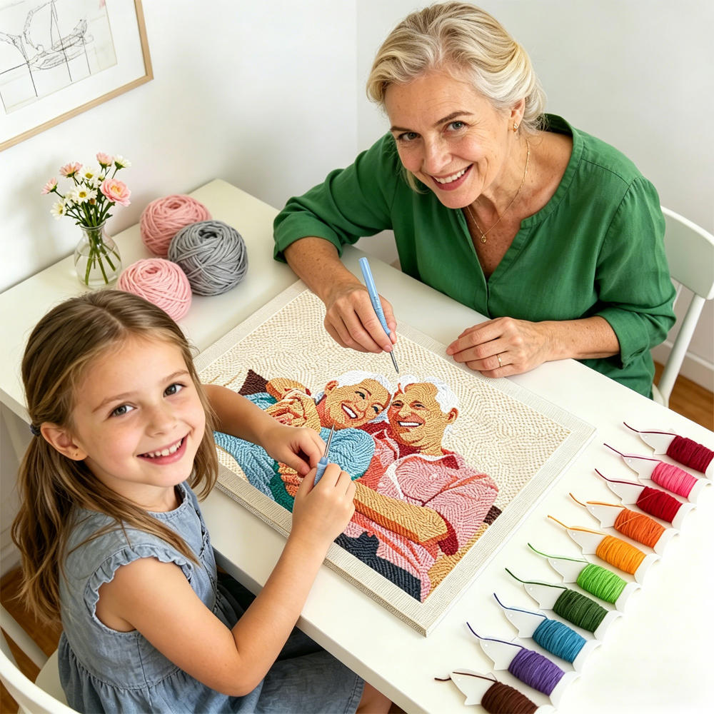 Woman and young girl working on a cross-stitch project together.