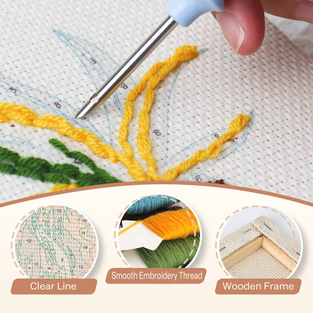 Embroidery process with a needle and thread, showing clear line, smooth embroidery thread, and wooden frame.