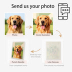 Process of converting a photo of a dog into a vector illustration, punch needle art, and line canvas.