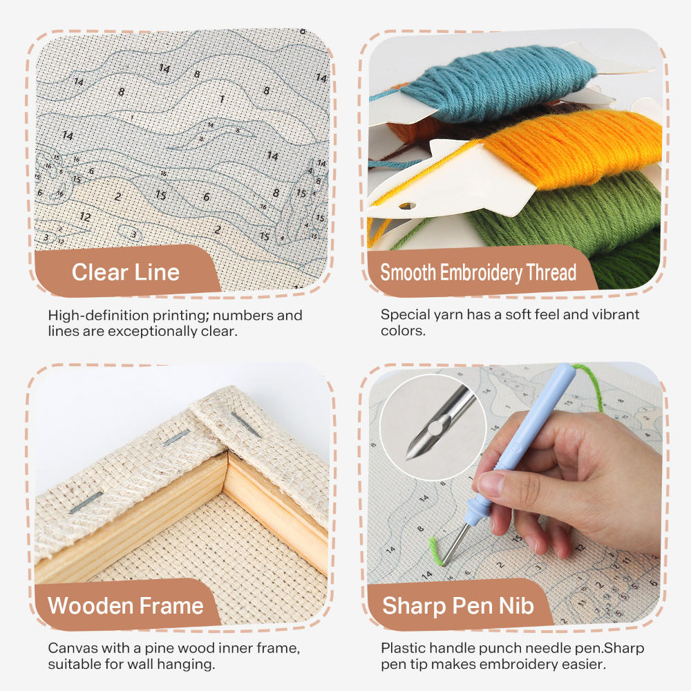 Product features including clear line, smooth embroidery thread, wooden frame, and sharp pen nib.