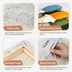 Product features including clear line, smooth embroidery thread, wooden frame, and sharp pen nib.