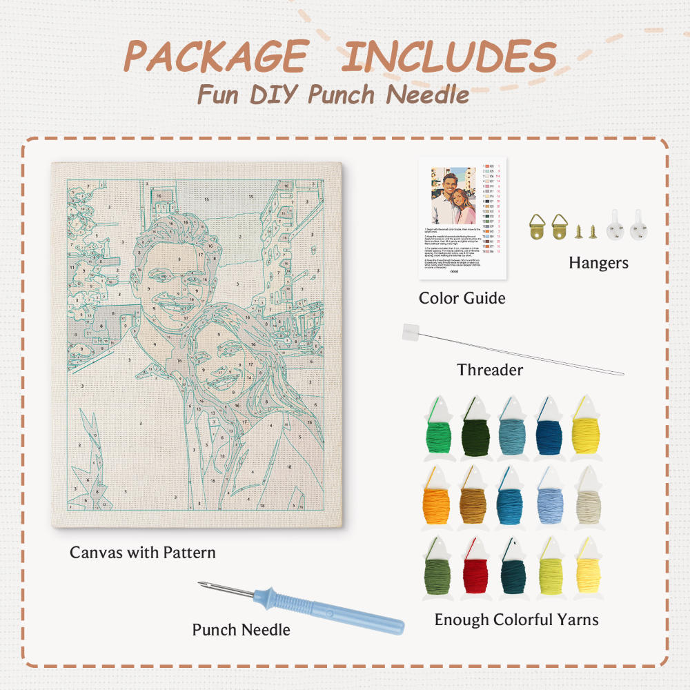 Punch needle kit with canvas, yarns, and tools on a white background