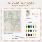Punch needle kit with canvas, yarns, and tools on a white background