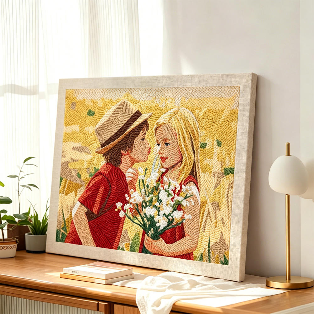 Framed artwork of two people with a bouquet of flowers on a wooden surface.