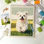 Embroidery of a dog on fabric with embroidery tools and a photo of a real dog.