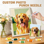 Custom photo punch needle craft with a completed needlepoint of a dog, surrounded by materials and a hand holding a needle.