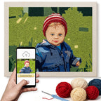 Handmade needlepoint of a child with a smartphone displaying an app interface, surrounded by yarn and knitting tools.