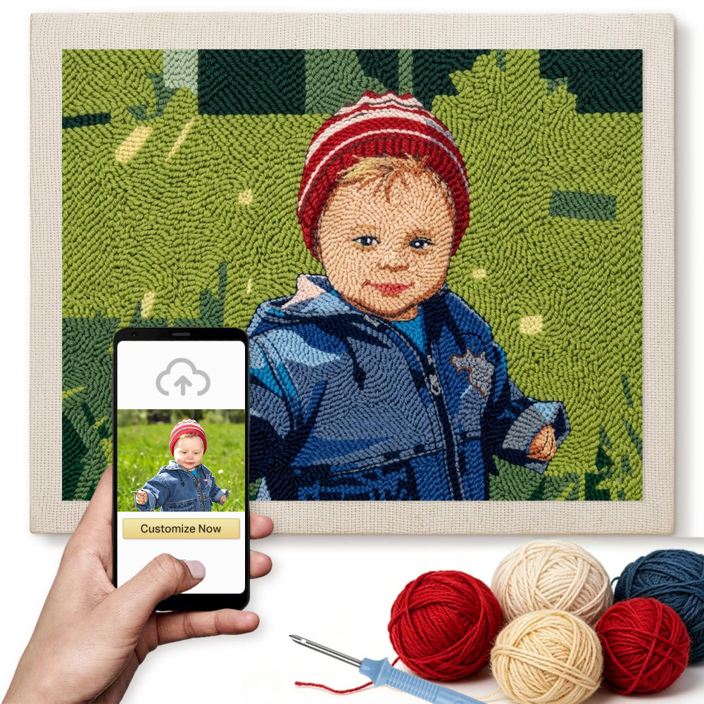 Handmade needlepoint of a child with a smartphone displaying an app interface, surrounded by yarn and knitting tools.