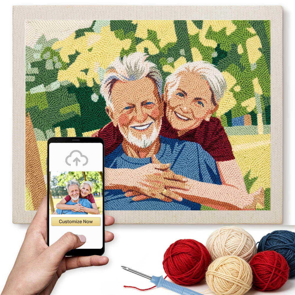 Embroidery of two elderly people hugging with yarn and a phone displaying customization options.