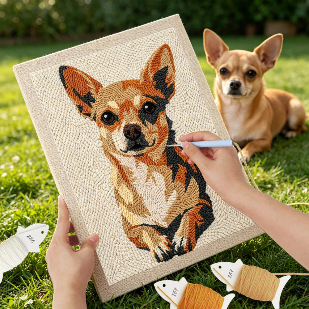 Person stitching a dog portrait on fabric with a real dog sitting in the grass.