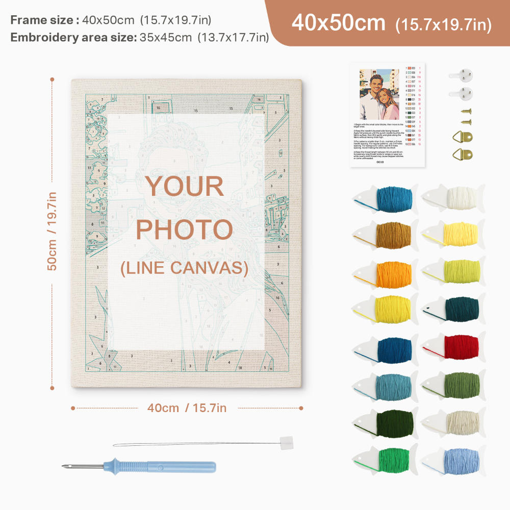 Embroidery kit with frame, thread colors, and needle on a white background