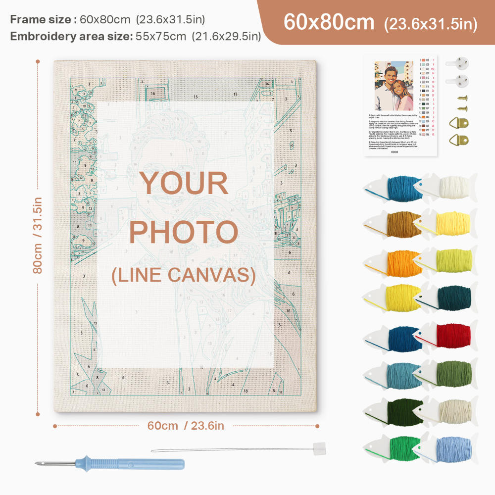 Embroidery kit with frame, thread colors, and tools on a white background