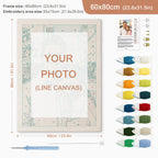 Embroidery kit with frame, thread colors, and tools on a white background