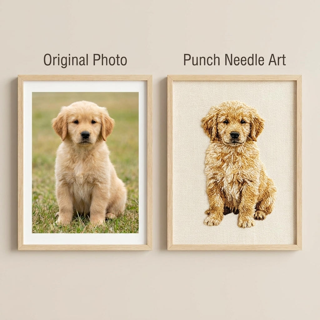 Original photo of a golden retriever puppy next to the finished punch needle portrait