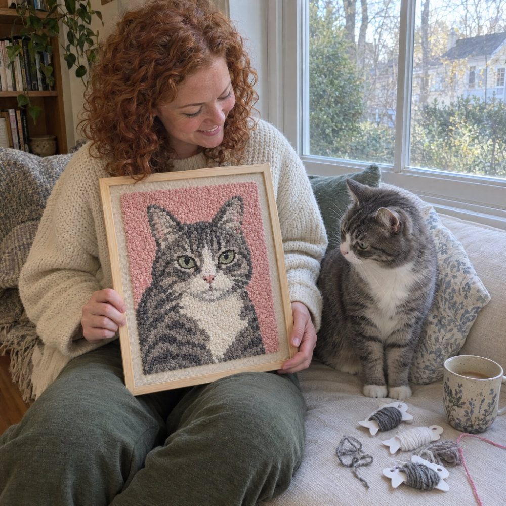 Custom punch needle portrait of a cat made from a pet photo