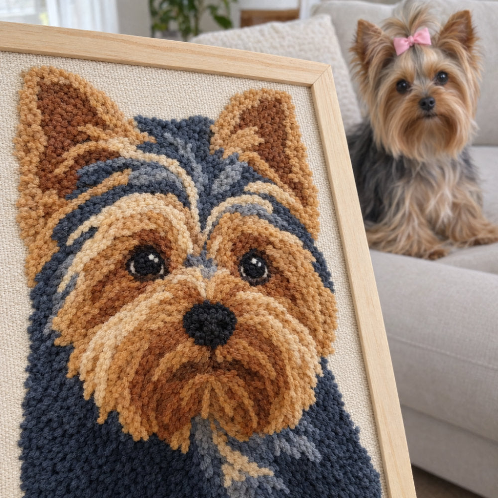 Close-up of the soft yarn loops of a custom punch needle pet portrait