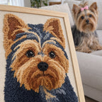 Close-up of the soft yarn loops of a custom punch needle pet portrait