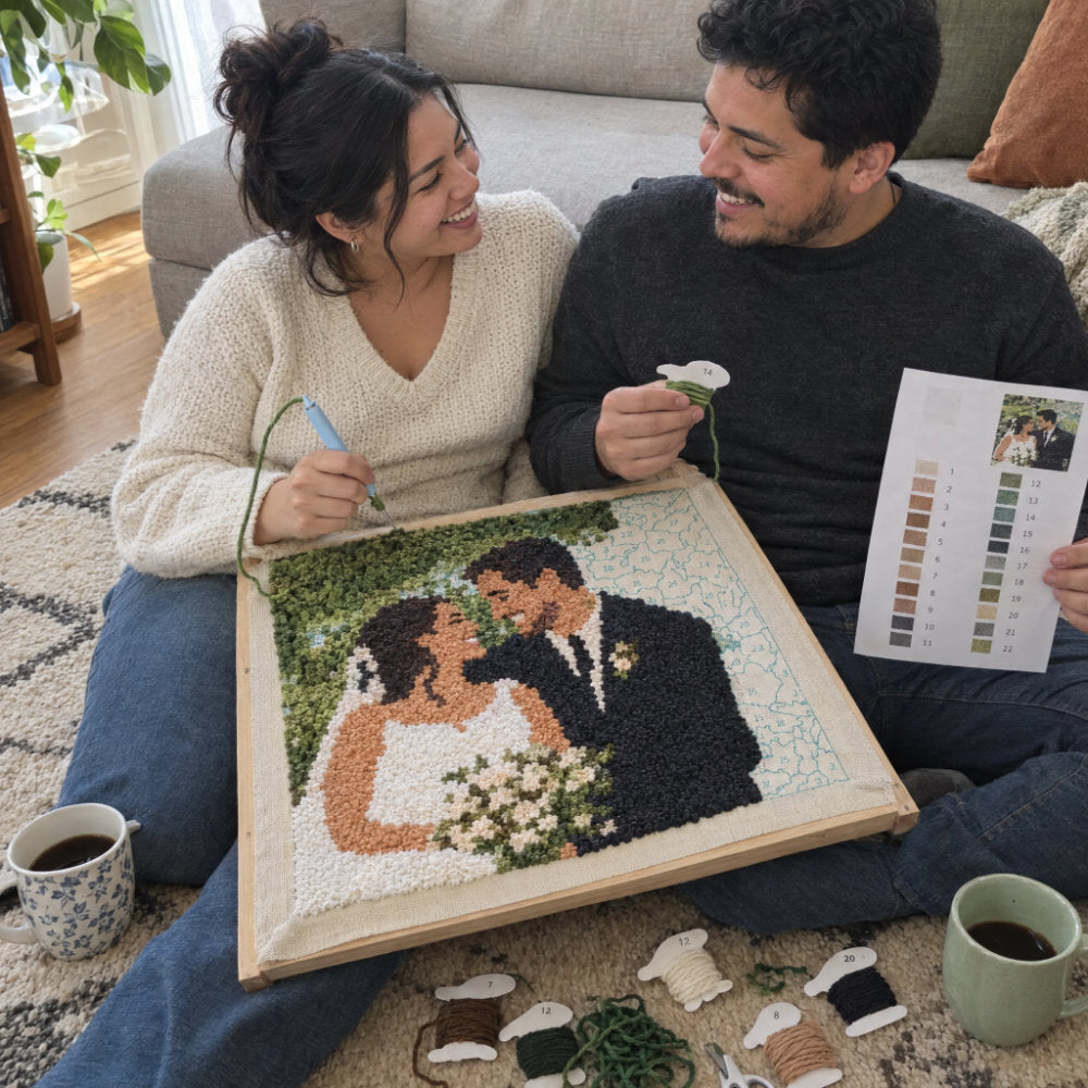 Couple stitching a punch needle portrait of their wedding photo together