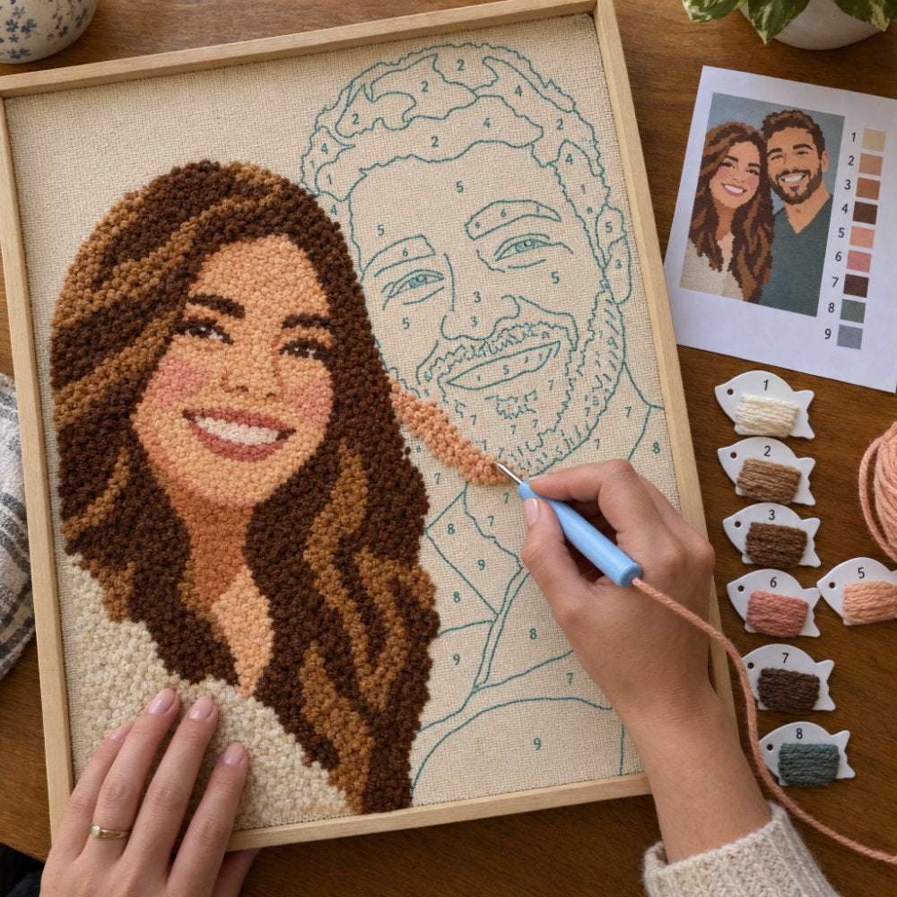 Couple with their custom punch needle portrait made from their favorite photo
