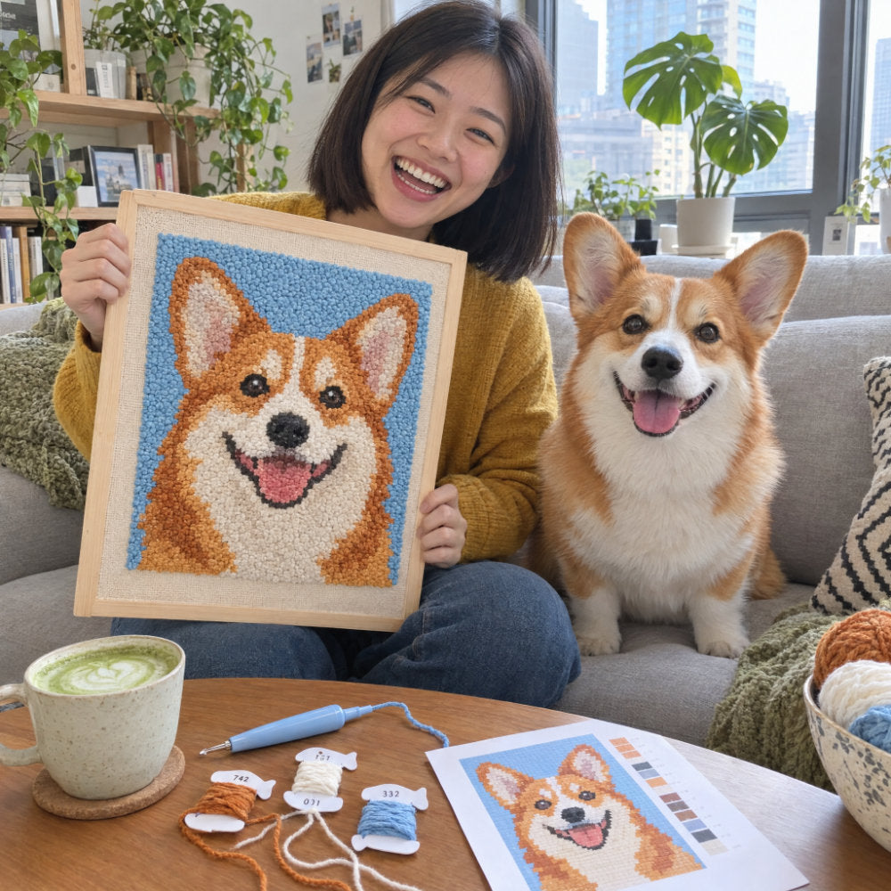 Woman with her corgi and the punch needle portrait made from his photo