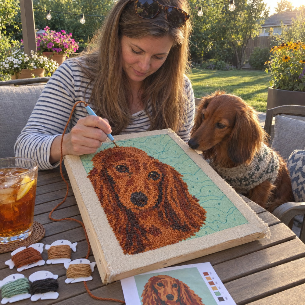 Woman stitching a punch needle portrait of her dachshund while he sits beside her
