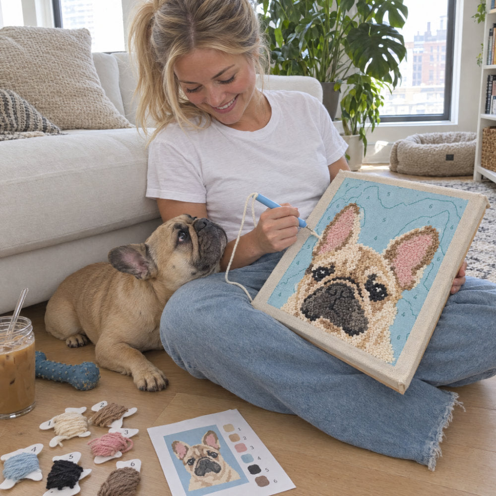 Custom punch needle portrait of a French bulldog made from a pet photo