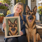 Dog owner holding her finished custom punch needle dog portrait