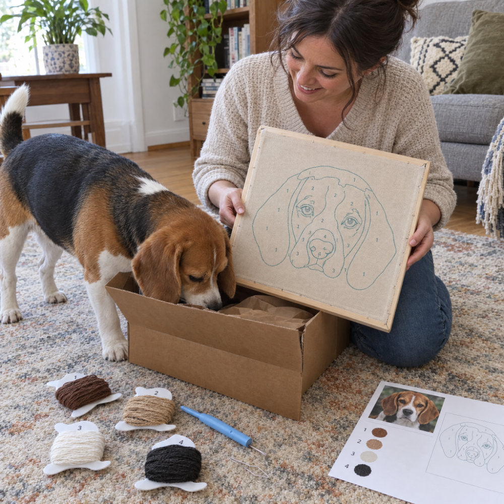 Woman with her dog and the custom punch needle pet portrait she made