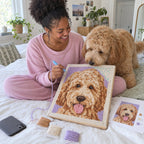 Woman with her doodle and the custom punch needle portrait made from his photo