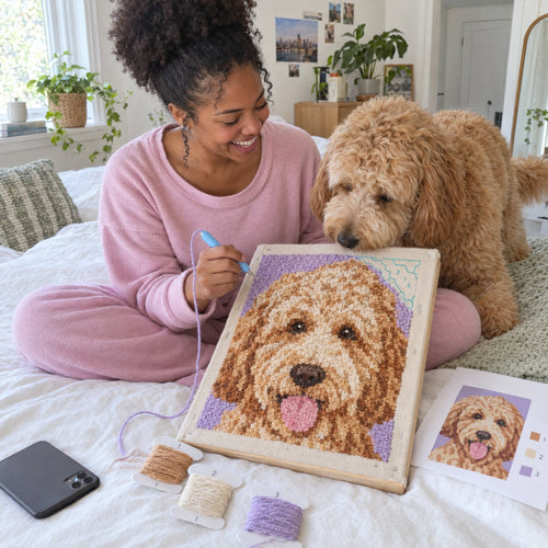 Woman with her doodle and the custom punch needle portrait made from his photo