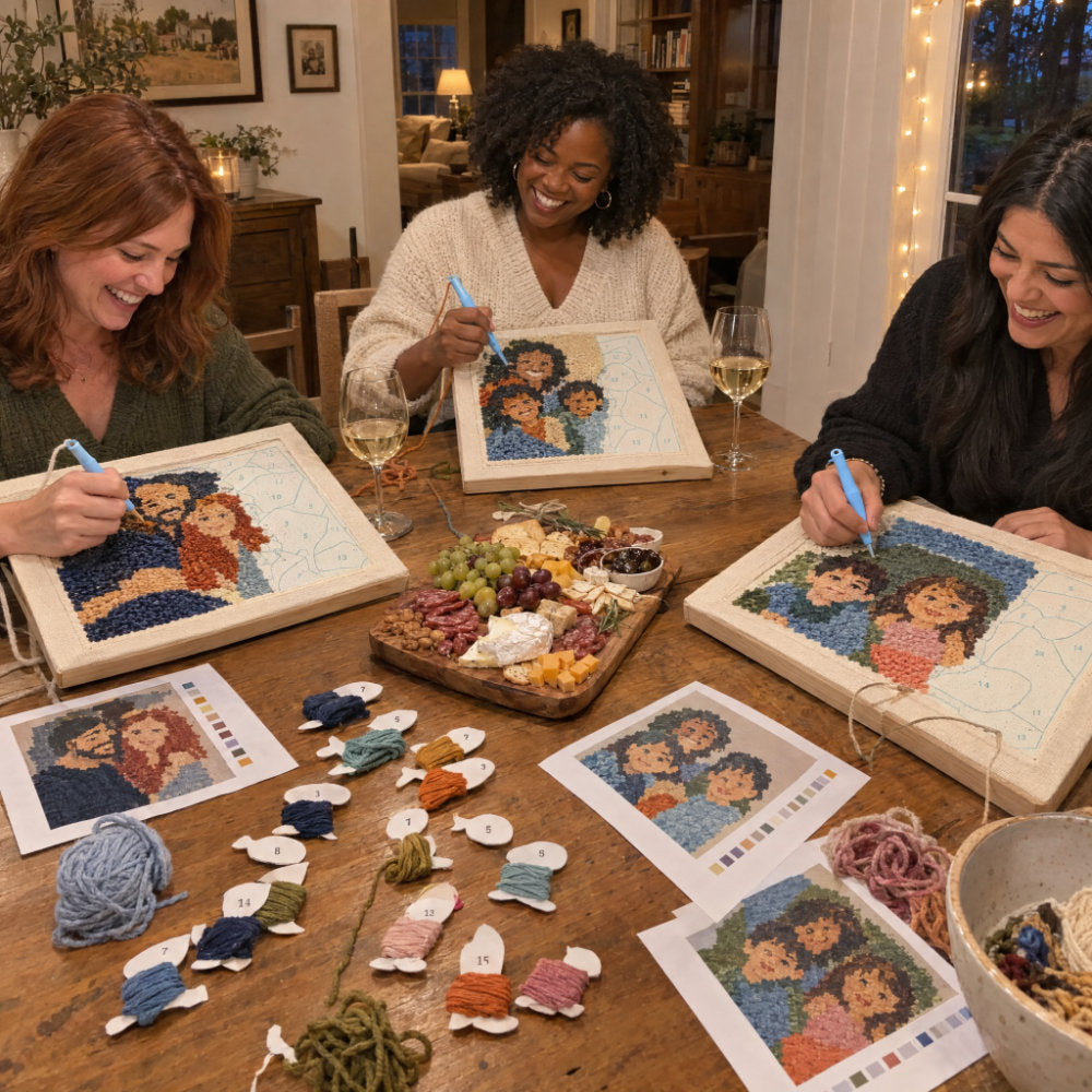 Friends stitching custom punch needle kits together on a cozy girls' night