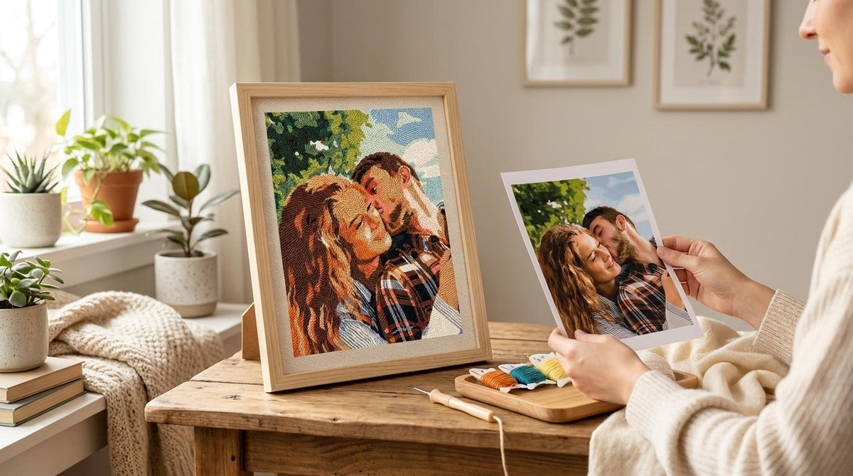 Woman stitching a custom punch needle family portrait at home