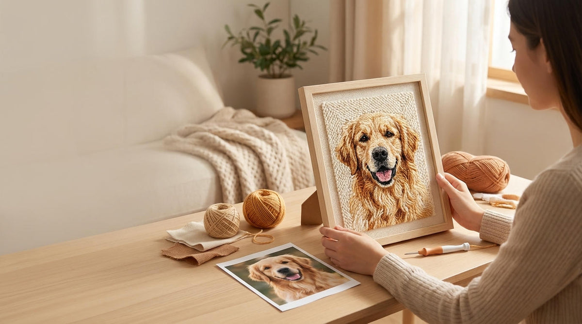 Woman stitching a punch needle portrait of a golden retriever at home
