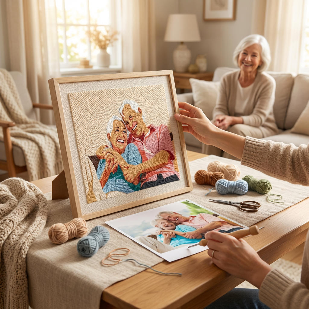 A custom punch needle family portrait being stitched at home while grandma looks on
