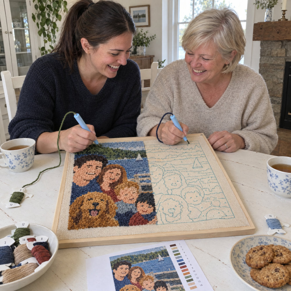 Mother and daughter stitching a punch needle family portrait together at the table