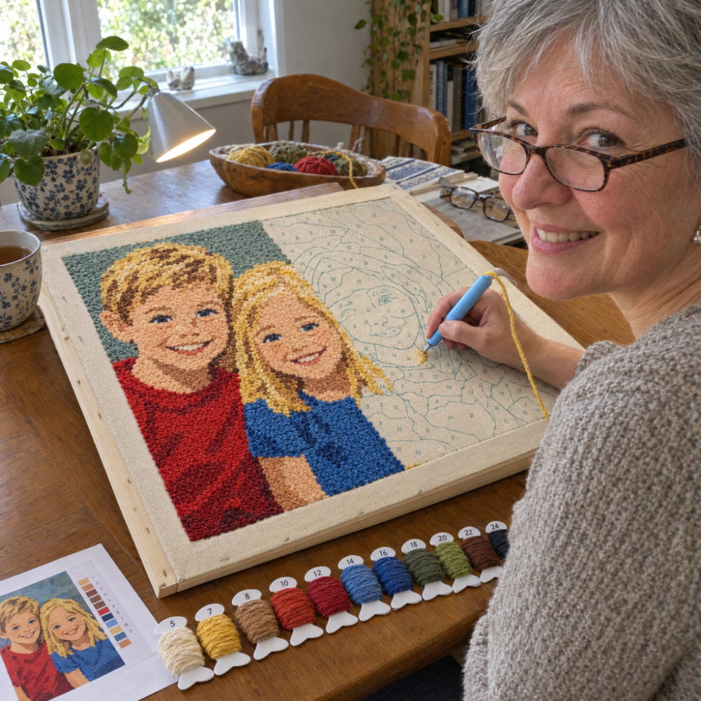 Grandmother stitching a punch needle portrait of her two grandchildren