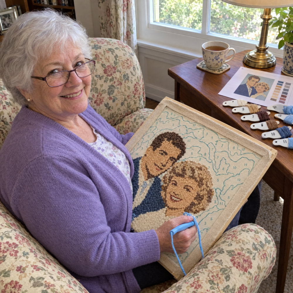 Grandmother holding a finished punch needle portrait of a couple